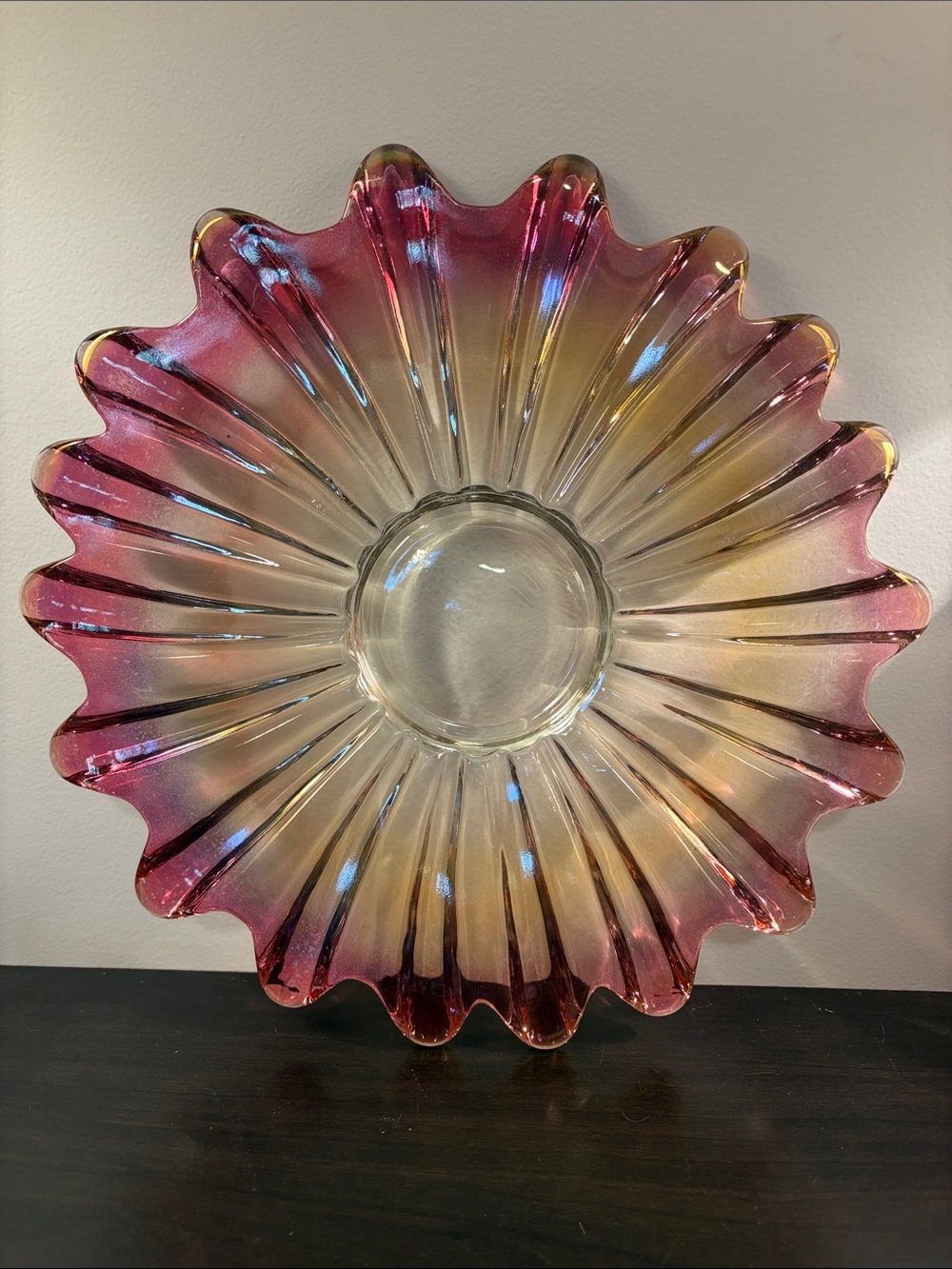 Art Glass Sunburst Decorative Platter - Pink and Gold